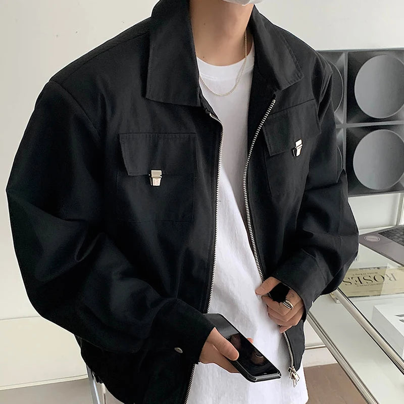 HEARUJOY  -  Simple Lapel Jacket Men Women High Street Short Khaki Baseball Uniform Oversize Multiple Pockets Metal Decoration Bomber Coat