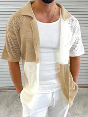 HEARUJOY  -  Color Blocked Hollow Out Knitting Shirts For Men Summer Thin Short Sleeve Button Cardigan Sweater Fashion Casual  Loose Knitwear