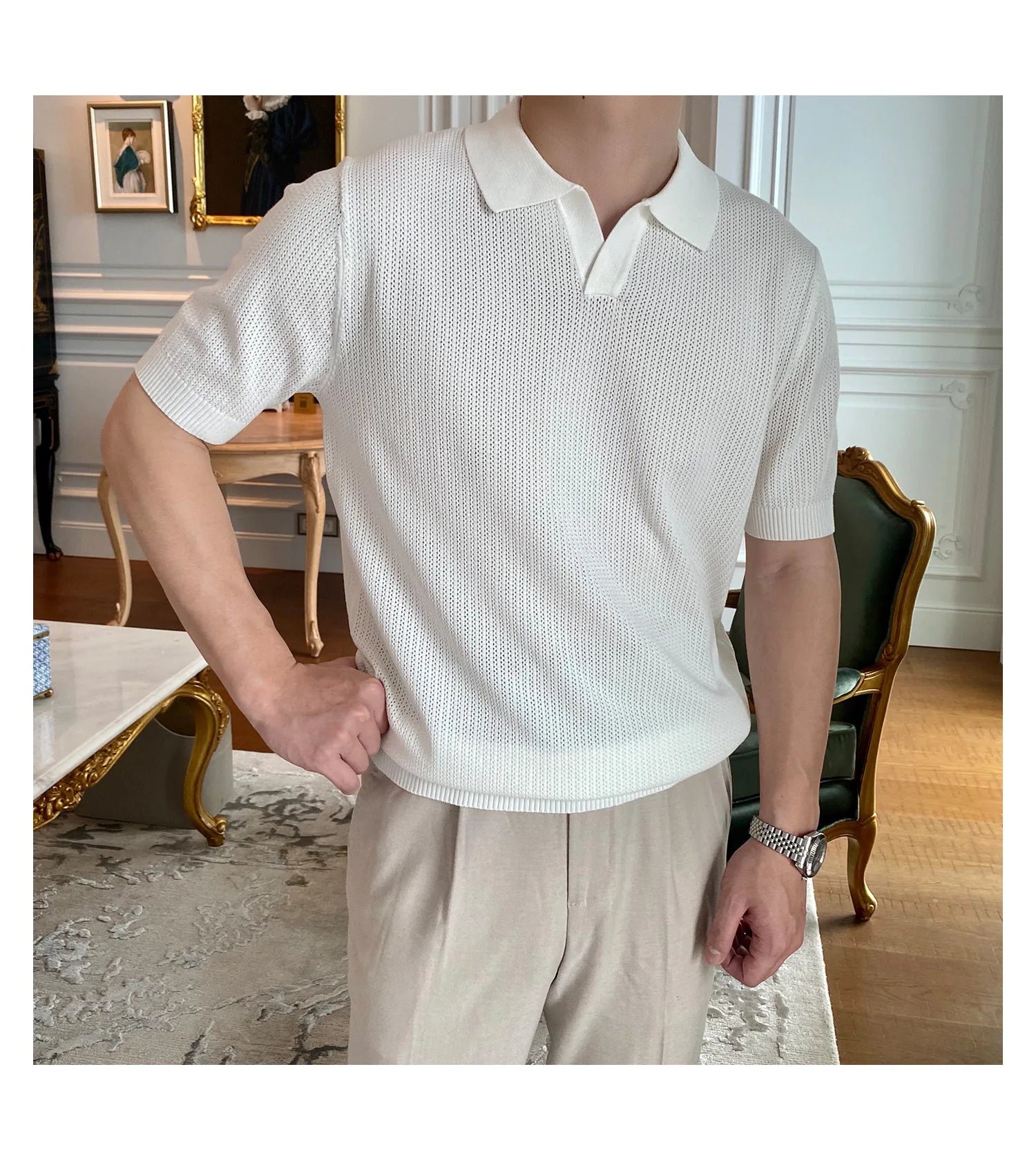 HEARUJOY  -  New Fashion Business Tops Men's Polo Shirt Light Luxury Leisure Knitted V Neck T-shirts for Man Korean Popular Short Sleeve Tees