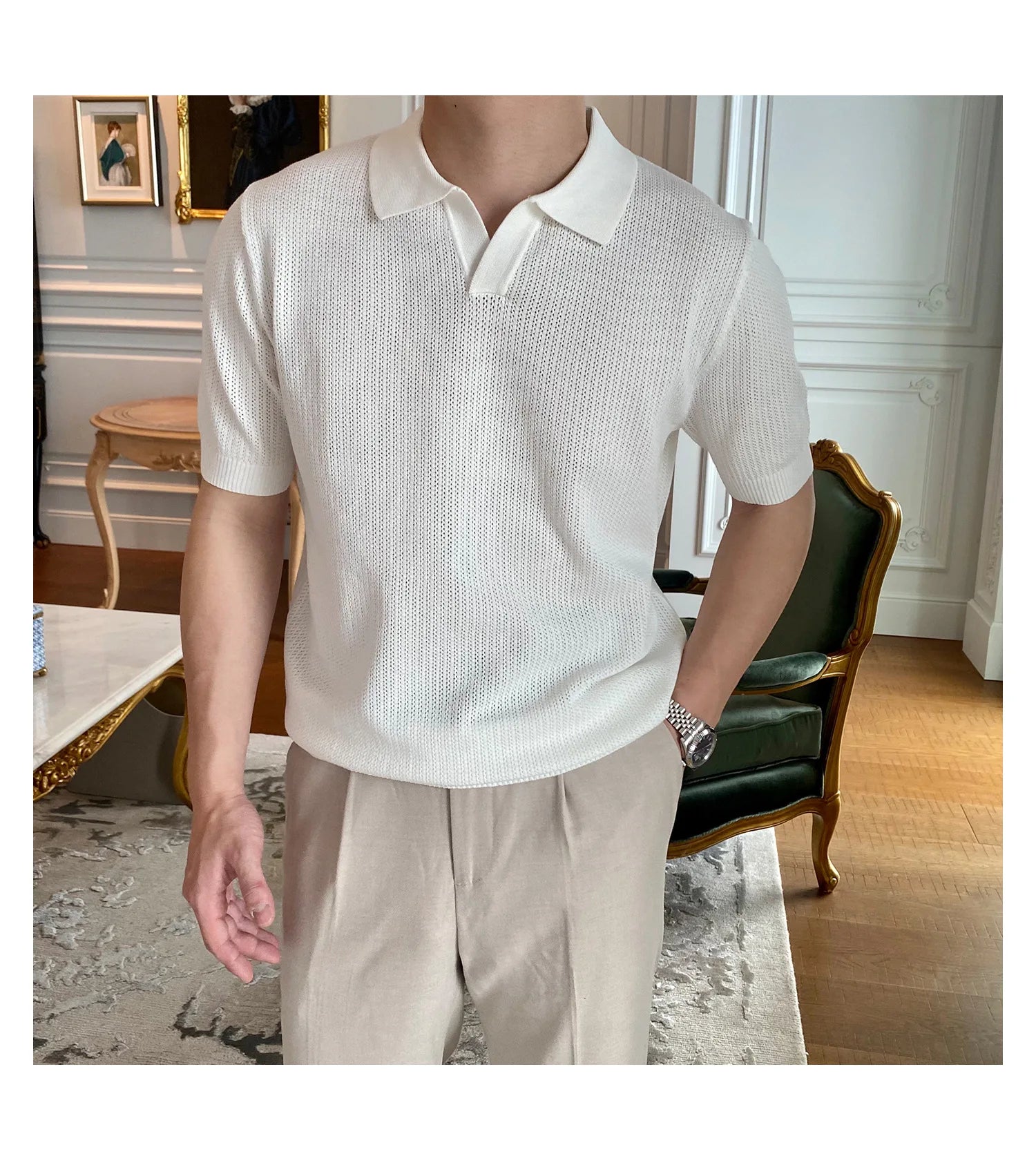 HEARUJOY  -  New Fashion Business Tops Men's Polo Shirt Light Luxury Leisure Knitted V Neck T-shirts for Man Korean Popular Short Sleeve Tees