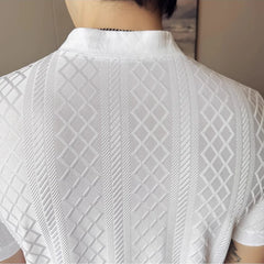 HEARUJOY  -  Men's Slim V-Neck Spring Summer Stretch Knit Top  Geometric Texture, Breathable Layering Base for Casual & Smart-Casual Outfits