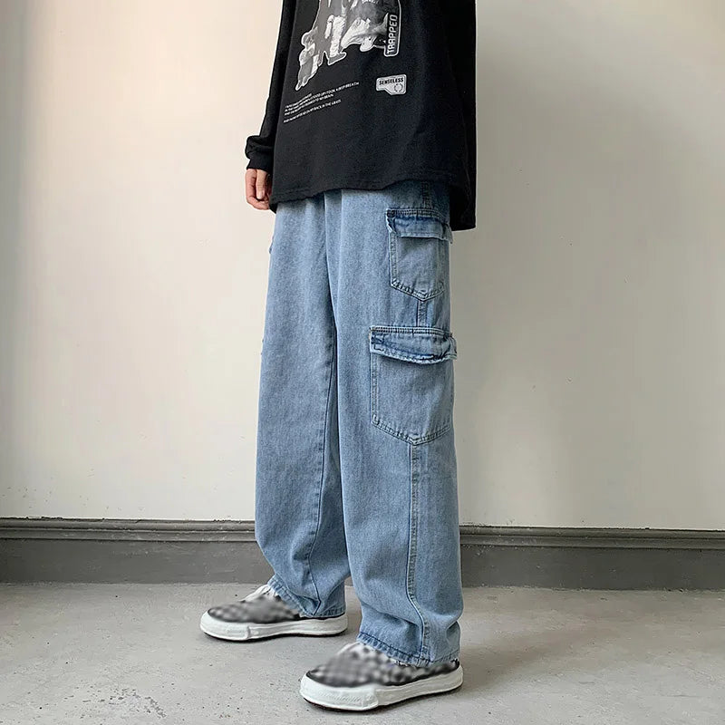 Hearujoy Baggy Men Jeans Straight Cargo Pants Spring Autumn Fashion Vintage Blue Denim Trousers Casual Oversized Bottoms Male Y2K Clothes