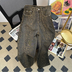 Hearujoy Retro Spring Trendy Leopard Print Jeans Women's American High Street Trousers Y2K Harajuku Style Baggy High Waist Casual Pants