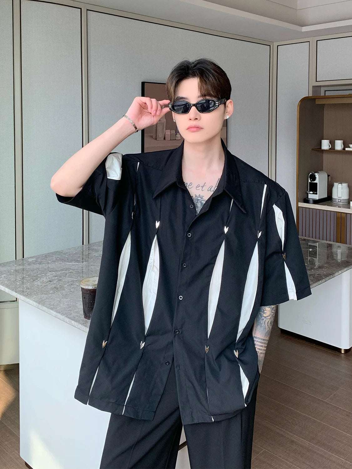 Hearujoy Summer Fashion Korean Short Sleeve Men Shirt  Loose Casual Shoulder Pad Shirt Turn-down Collar Pocket Simple Shirts