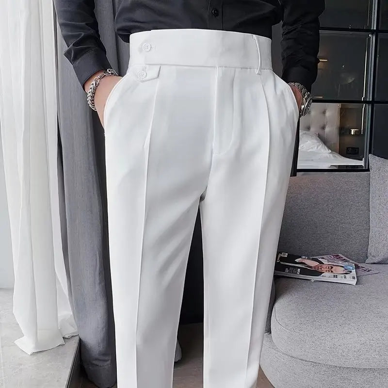 HEARUJOY  -  Men Korean Cropped Pants Fashion Casual Naples Trousers Slim Fit Pencil Suit Pants High Waist Button Business Straight Trousers