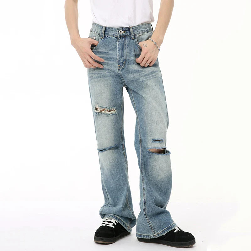 Hearujoy American Style Men's Denim Pants Casual Worn-out Hole Wide Leg Menwear Straight Solid Color Male Bottom Chic 9C6608