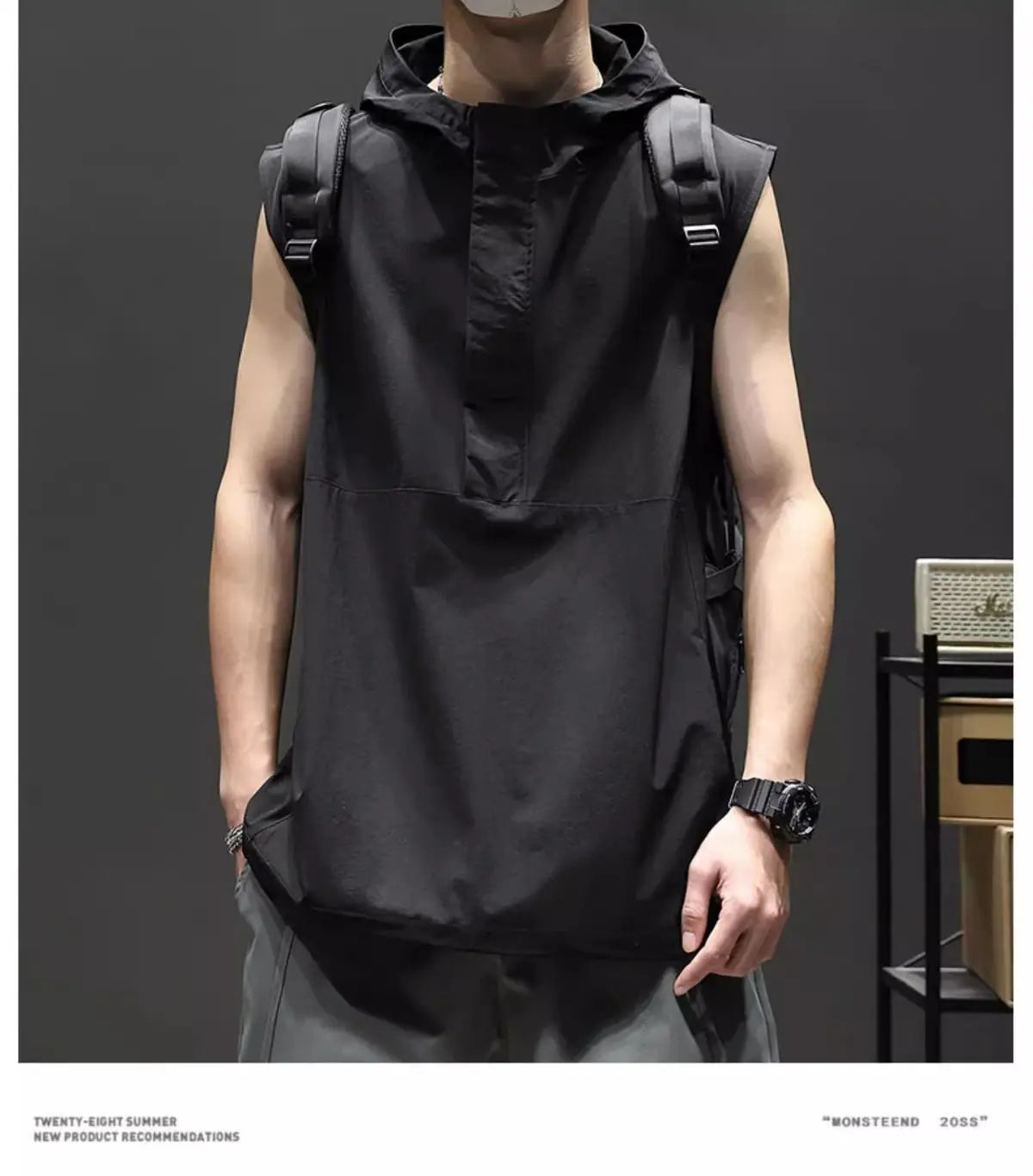 Hearujoy Summer Casual Pullover Shirt Tess Vest Men's Loose Sleeveless Hooded Cool Boy Versatile Sports Tops Solid Undershirt