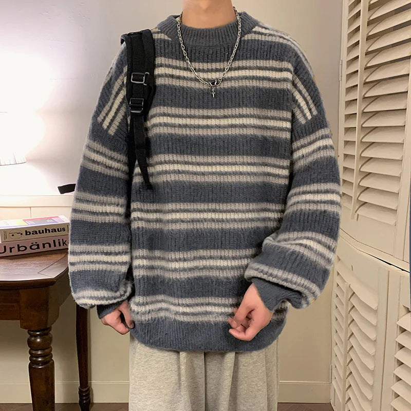 Hearujoy Winter Velvet Sweater Men Warm Striped Knitted Pullover Men Streetwear Korean Loose Long Sleeved Sweater Mens Jumper Clothes