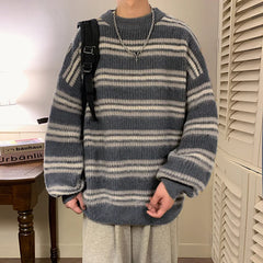 Hearujoy Winter Velvet Sweater Men Warm Striped Knitted Pullover Men Streetwear Korean Loose Long Sleeved Sweater Mens Jumper Clothes