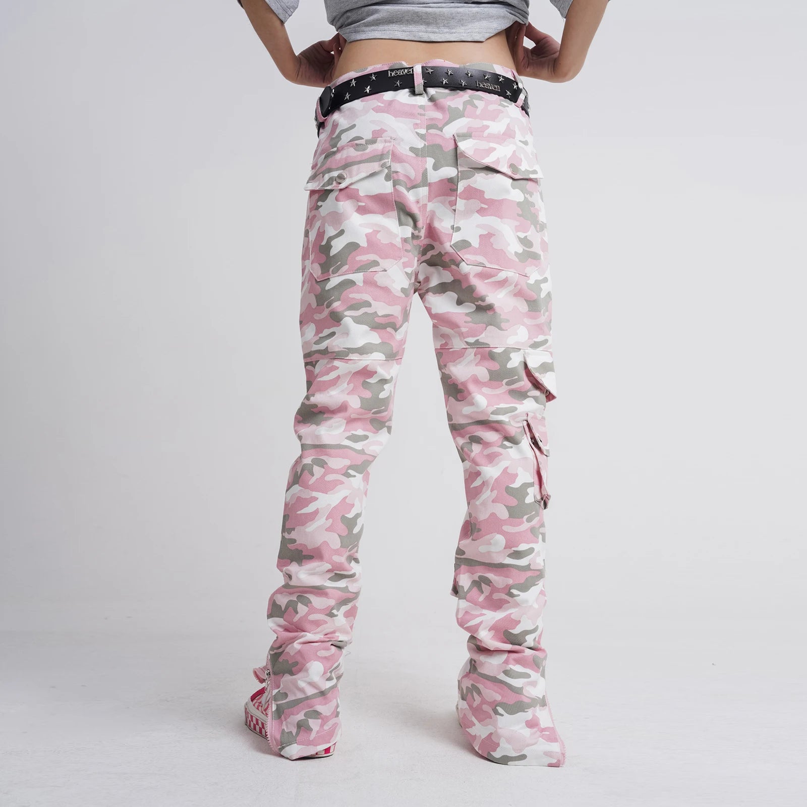 Hearujoy Fashion Streetwear Pink Camouflage Cargo Pants Hip Hop Multi-pocket Zip Up Trousers Flared Men Y2k Slim Fit Casual Pants Baggy