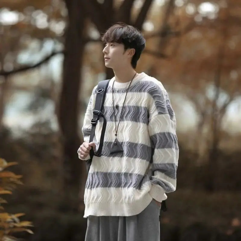 HEARUJOY  -  Men Trendy Striped Simple Casual Streetwear All Match Knitted Sweater Korean Youth Round Neck Long Sleeve Oversize Pullover Tops