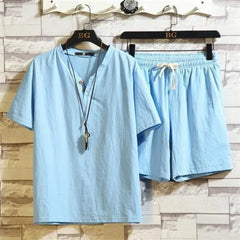 HEARUJOY  -  Cotton Linen T-shirts Shorts Suits for Men V-neck Plain Sports Novelty in New Tops & Tees Aesthetic Kpop Regular Fit Man Sets