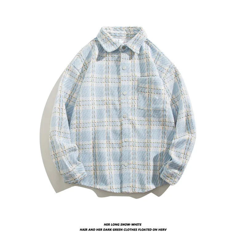 HEARUJOY  -  Japanese Retro Woolen Plaid Shirt For Men Autumn Winter Long Sleeved Top Fashion Vintage Shirts Coat Trendy Clothing Streetwear