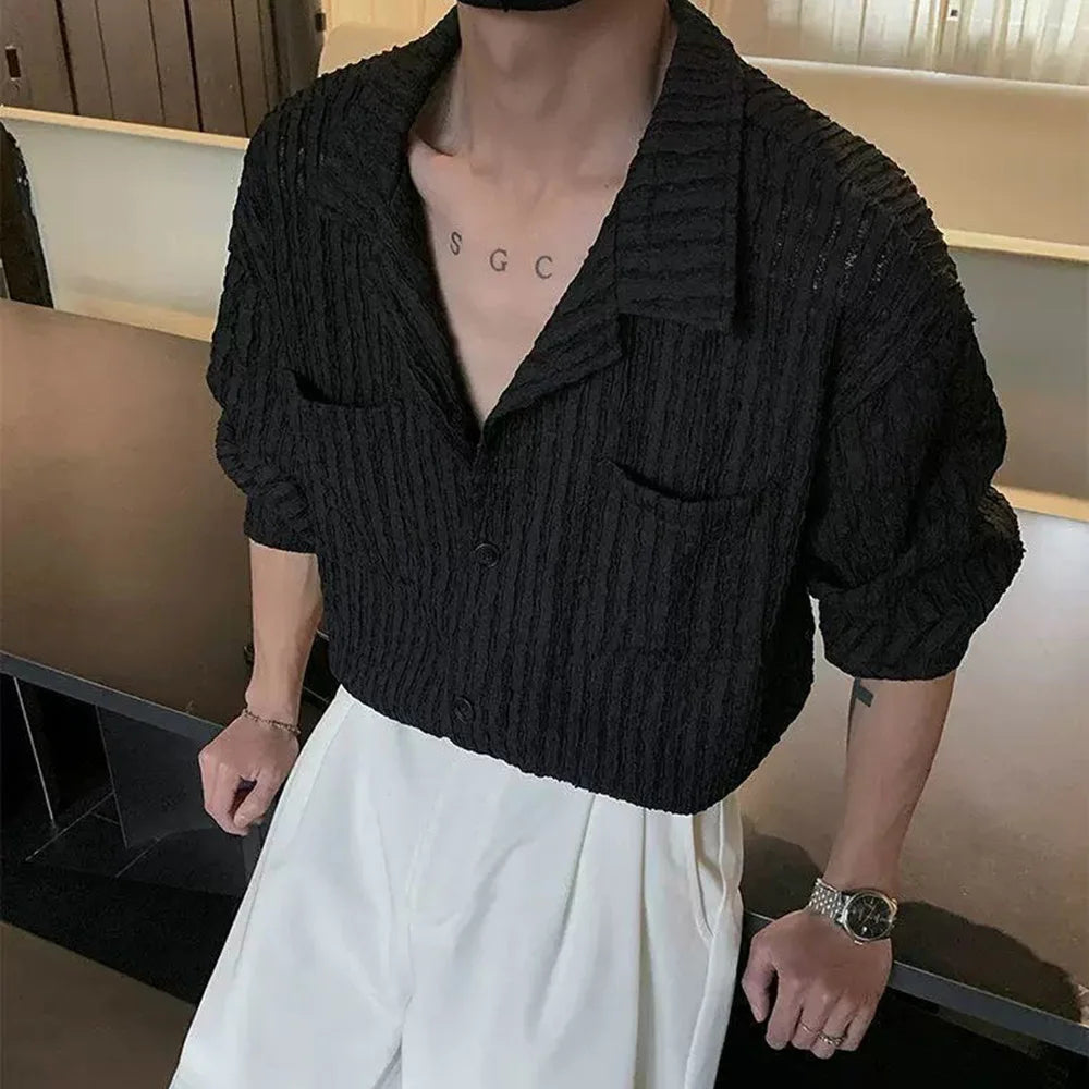 HEARUJOY  -  Mens Shirts Hollow Knitted Casual Shirts Spring Streetwear Fashion Thin Sexy Ballroom Long-Sleeved Tops Men'S Clothing 2025 New
