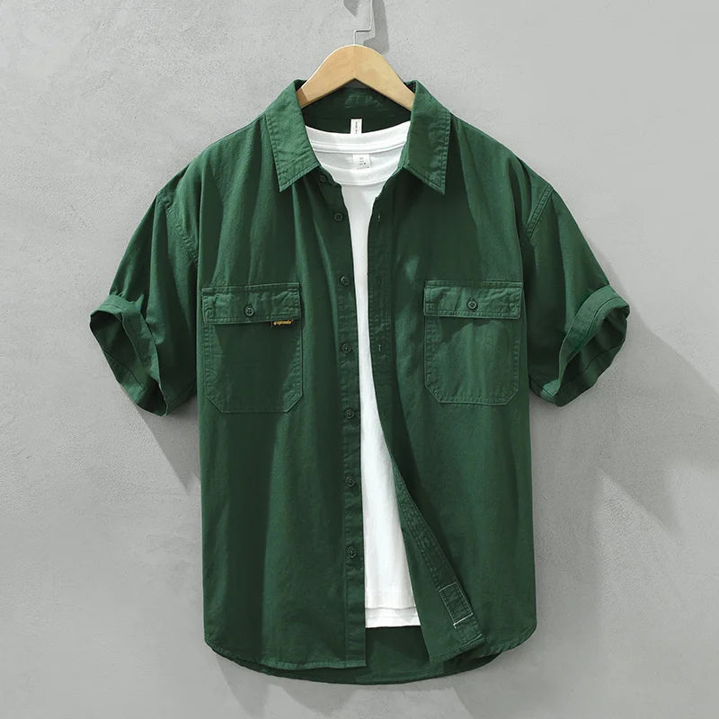 HEARUJOY  -  Japanese Retro Men Short Sleeve Cargo Shirt Double Pockets Cotton Uniform Light Casual Work Safari Style Shirts Mens Tops Shirt