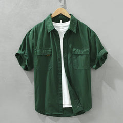 HEARUJOY  -  Japanese Retro Men Short Sleeve Cargo Shirt Double Pockets Cotton Uniform Light Casual Work Safari Style Shirts Mens Tops Shirt