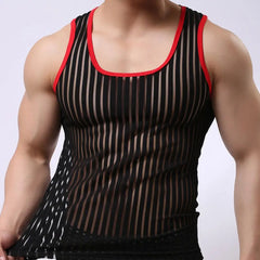 Hearujoy Summer Mens Undershirts Sleeveless Striped Shirts Solid Color Vest Male Mesh Sexy Transparent Tees Bottoming Shirt Men Sexy Wear