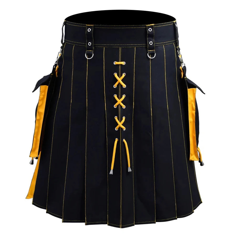 Hearujoy Mens Pocket Tie Rope Scottish Skirt 2024 New Genderless Casual Fashion Medieval Retro Steampunk Contrast Color Skirt Unisex