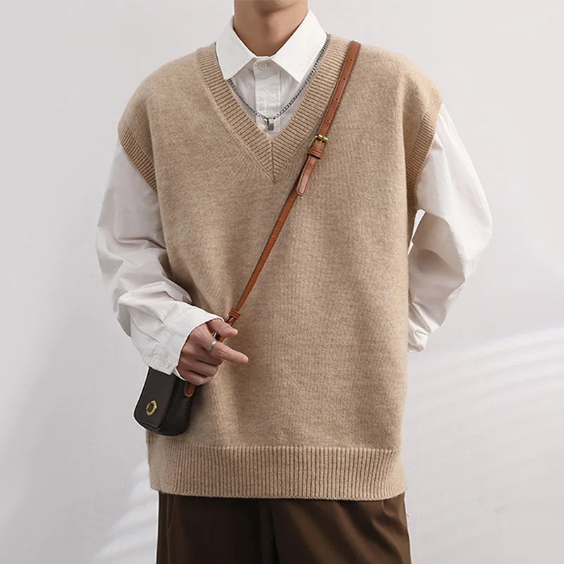 HEARUJOY  -  Men Knitted Sweater Vest Solid Color Autumn Winter Sleeveless V-neck Pullovers Male Casual Loose Waistcoat Korean Style Knitwear