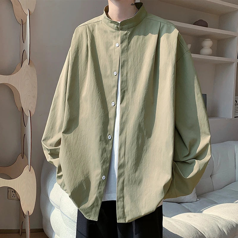 HEARUJOY  -  Long Sleeved Shirt Men Society Mens Formal Dress Shirt Korean Loose Casual Shirts Mens Stand Up Collar Shirts Large Size 5XL