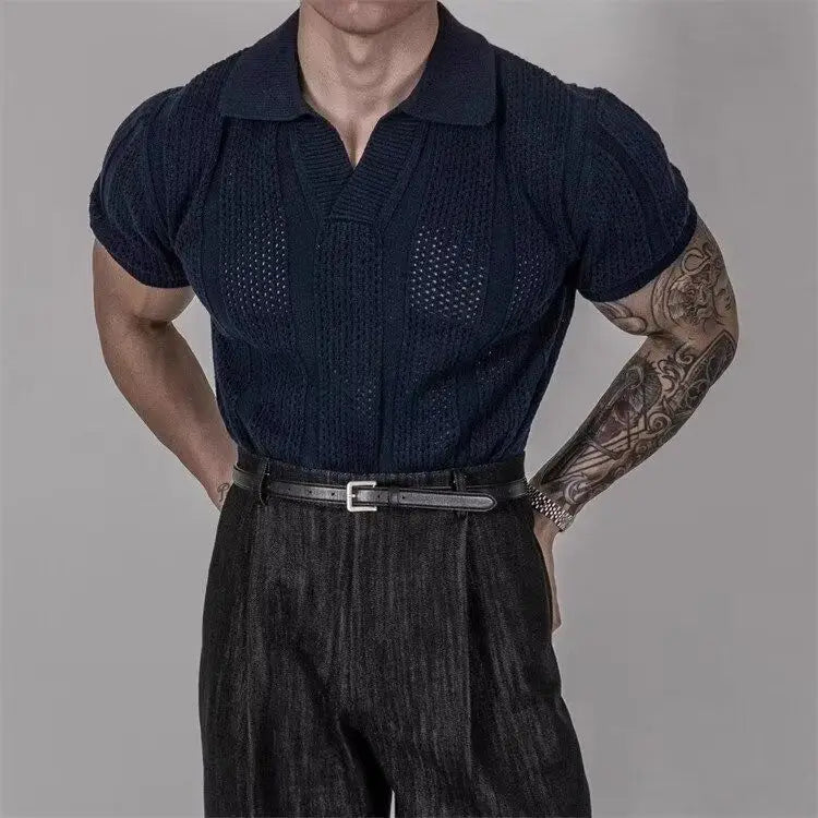 HEARUJOY  -  Hollow Knitted Short-sleeved POLO Shirt T-shirt for Men's Summer Korean Style Top Mesh Texture Design Shirt