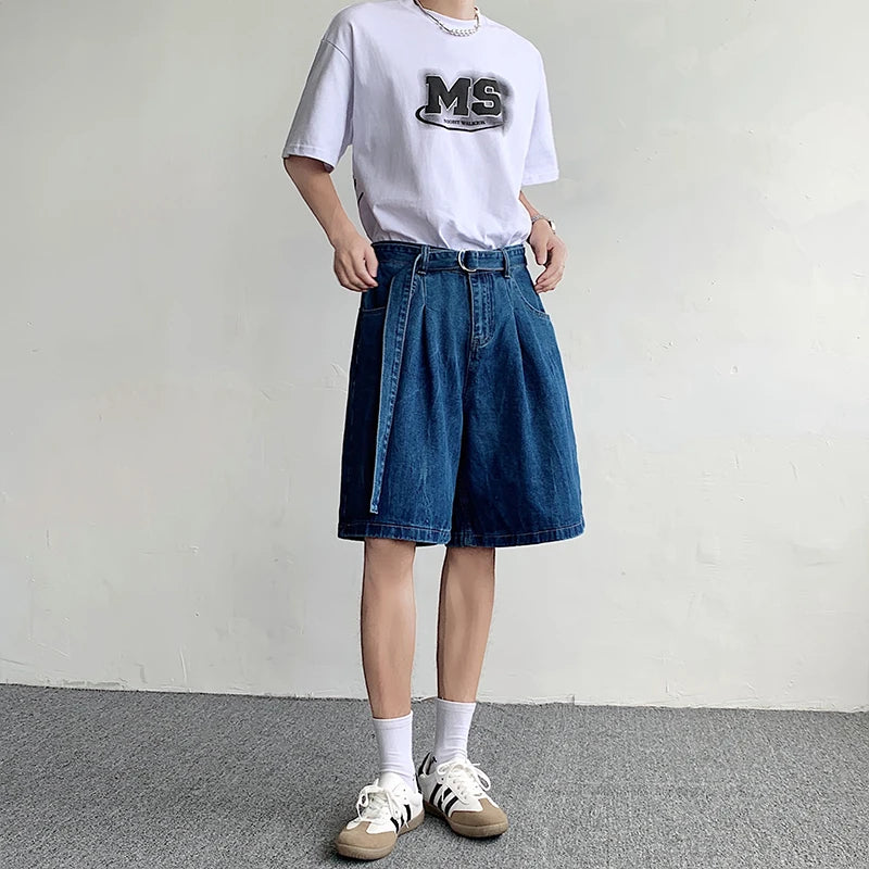 Hearujoy Wide Leg Baggy Denim Shorts Belt Design Men Summer Thin Solid Color Casual Loose Knee-length Pants Male Simple Jeans Shorts