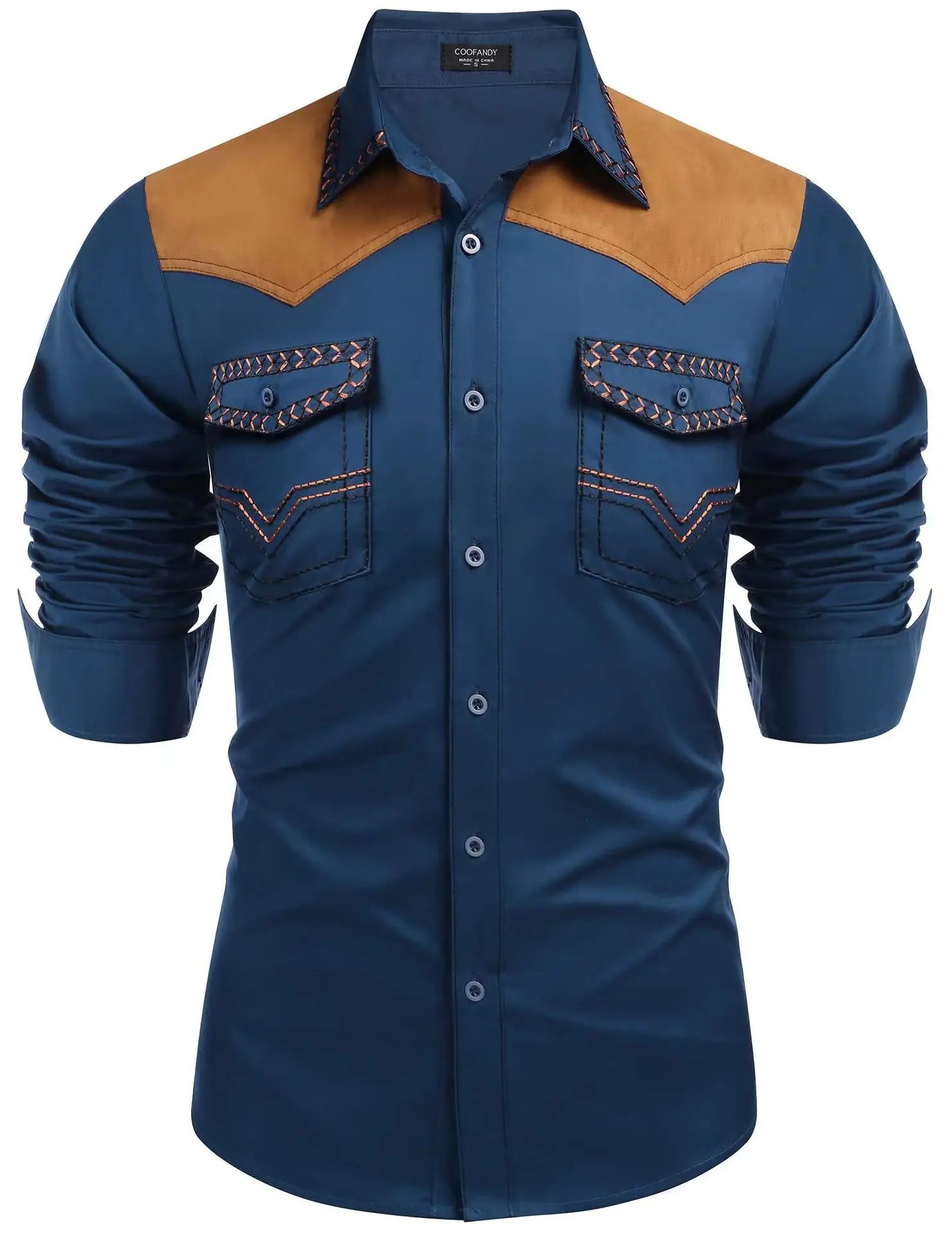HEARUJOY  -  Men's Western Shirt, Long-sleeved Denim Shirt, Men's Casual Buttoned Color-blocked Shirt Top
