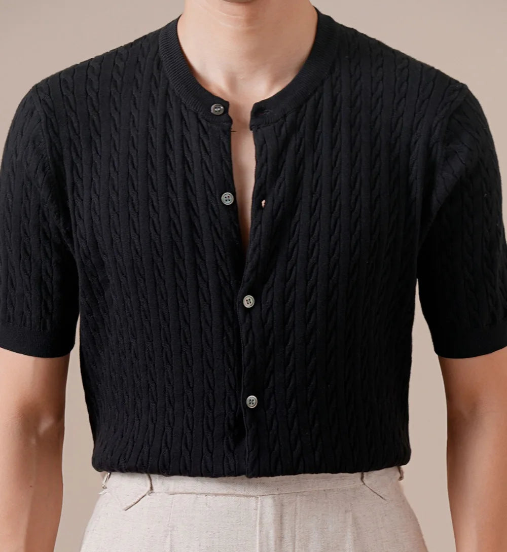 HEARUJOY  -  Summer Tencel Cotton Jacquard Knit Cardigan Men's Short Sleeve Thin Round Neck Draped Casual Business T-Shirt Breathable Polo