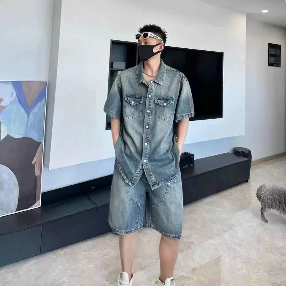 HEARUJOY  -  Casual Summer Short Sleeve Denim Shirts & Shorts Men's Sets Sreetwear Cotton Top Tee-Shirt Jean & Pant Two Piece Clothing