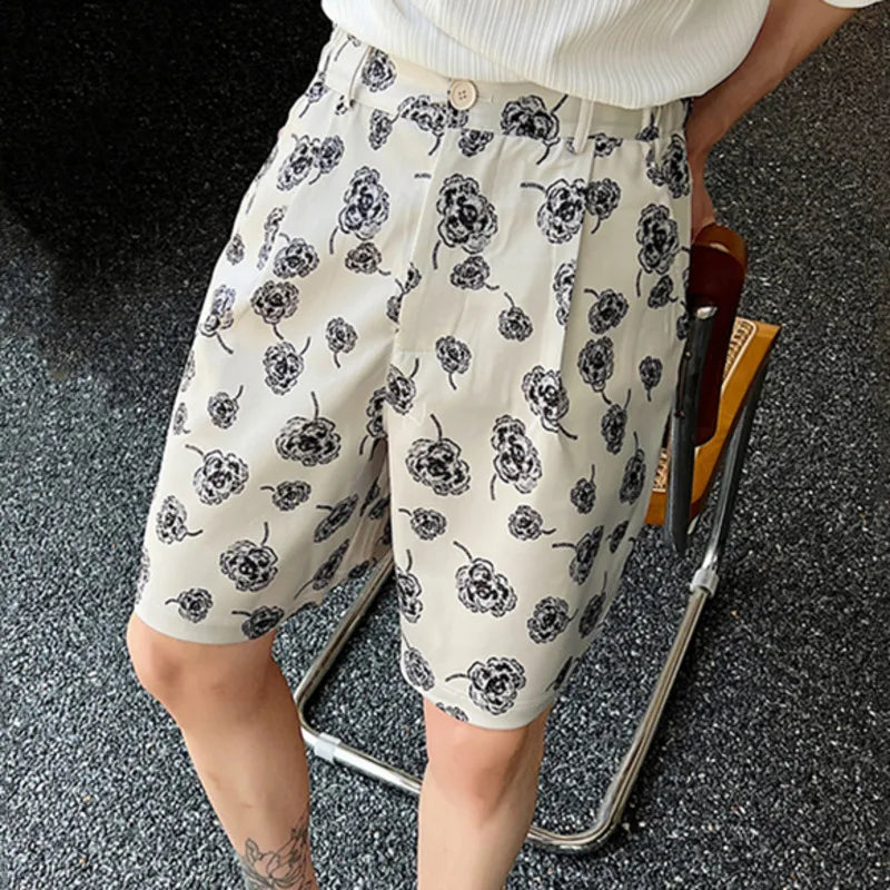 Hearujoy Male Summer Korean Printing Casual Shorts Wide Leg Knee Lenght Flowers Short Pants Men's Trendy Loose Everyday 9A8876