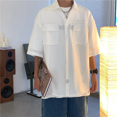 HEARUJOY  -  Summer Short Sleeved Shirt Men Pocket Casual Shirt Men Japanese Streetwear Loose Ice Silk Shirts Mens White Shirt Plus Size 4XL