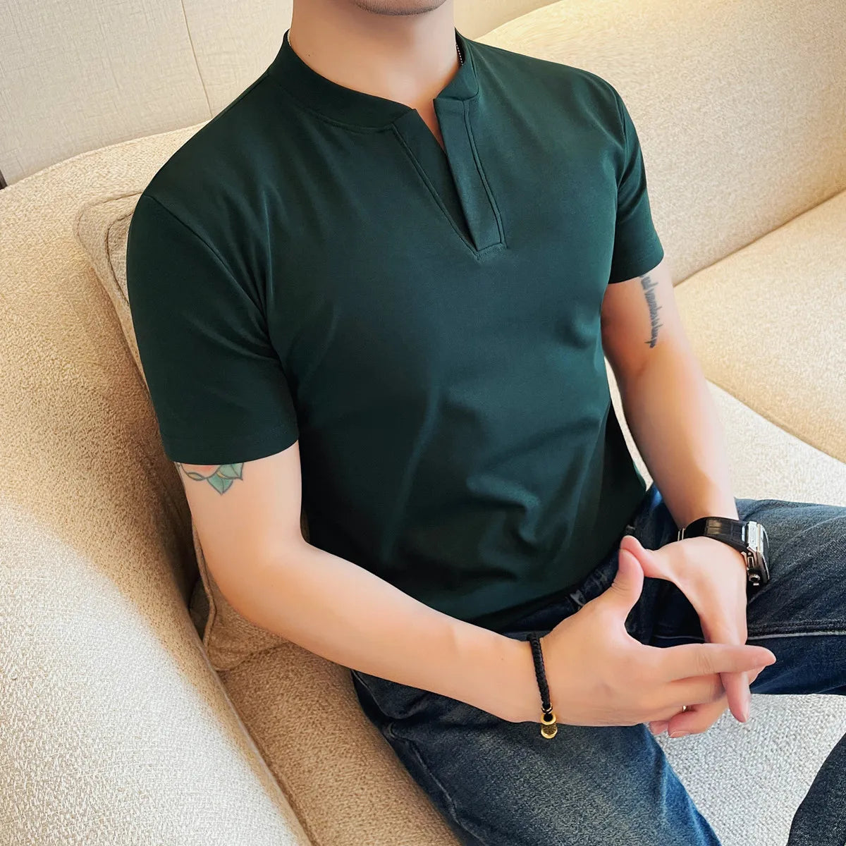 HEARUJOY  -  Men's 92% Cotton Henley Collar V-Neck Short Sleeve Tee  Summer Solid Color Slim Fit Casual T-Shirt in 7 Classic Versatile Colors