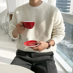 Hearujoy Mens Autumn Winter Korean Style Loose Round Neck Knitted Sweater Gender-Neutral Trendy Casual Solid Color Simple Sweater Unisex