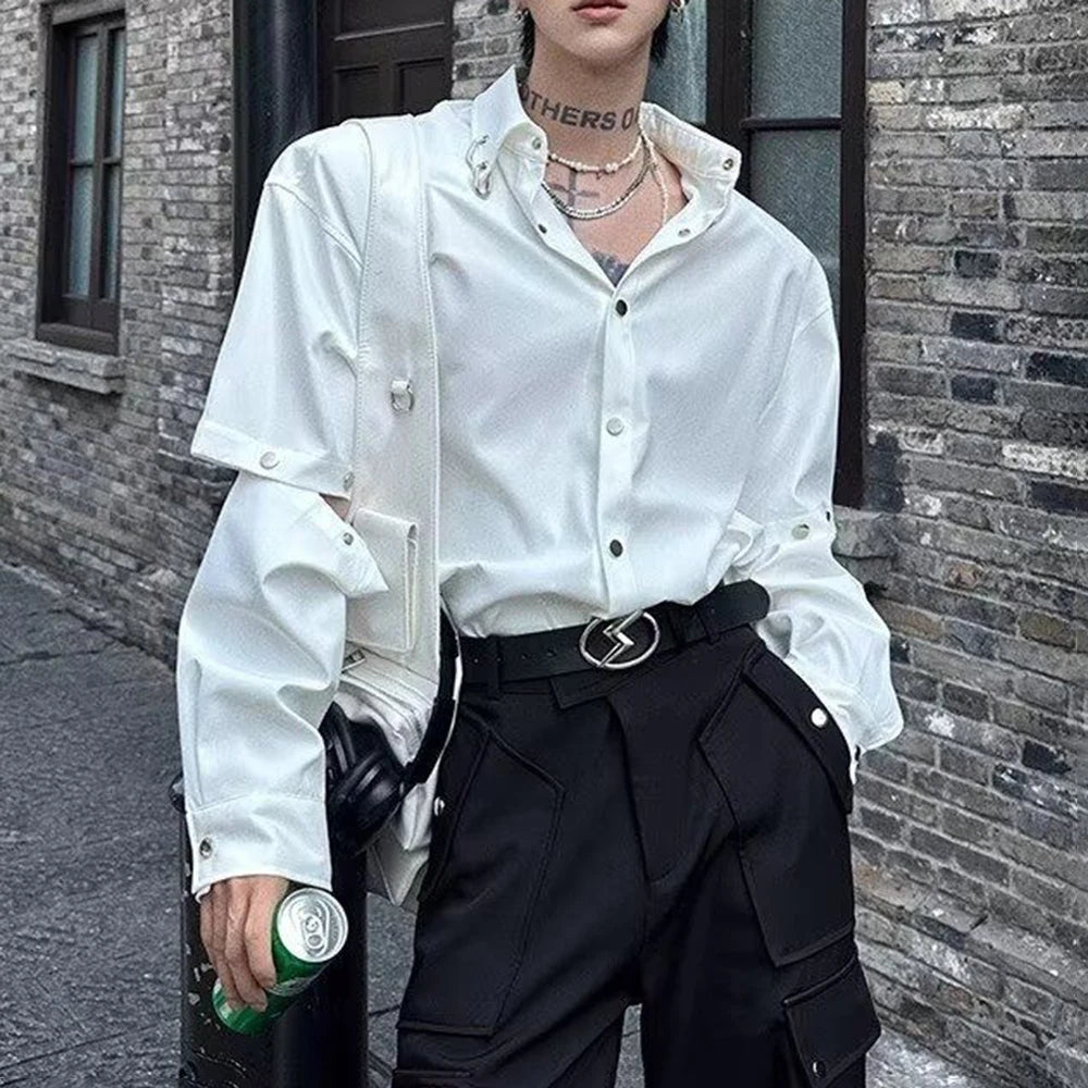 HEARUJOY  -  Spring And Summer Men's Solid Color Stitching Long-Sleeved Shirt Retro Fashion Trend High Street Loose Casual Niche Men's Tops