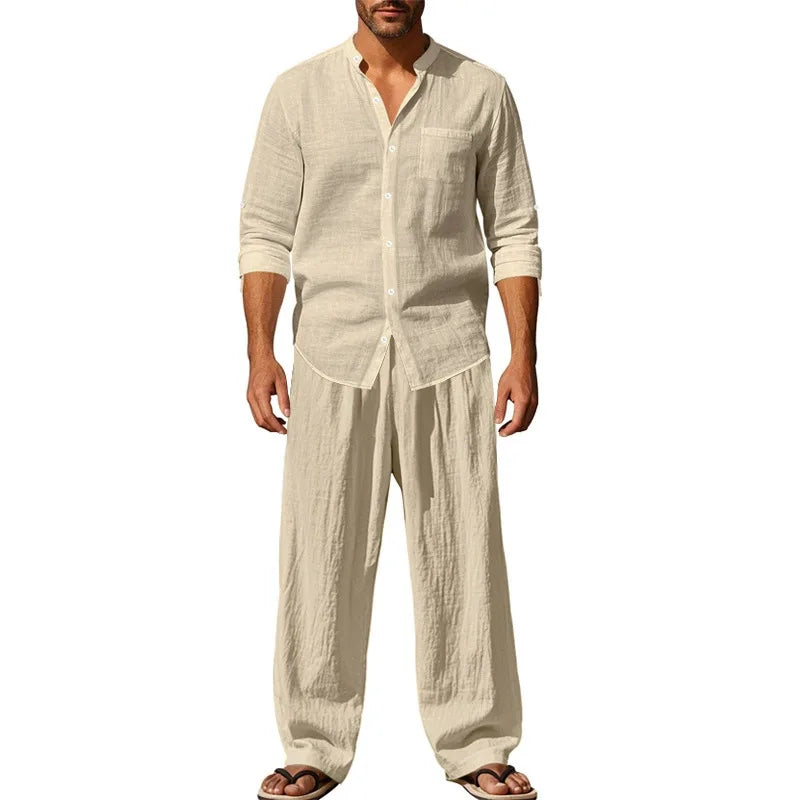 HEARUJOY  -  Men's Four-season Linen Loose and Breathable Long-sleeved Shirt, Casual Long Pants, Beach Suit