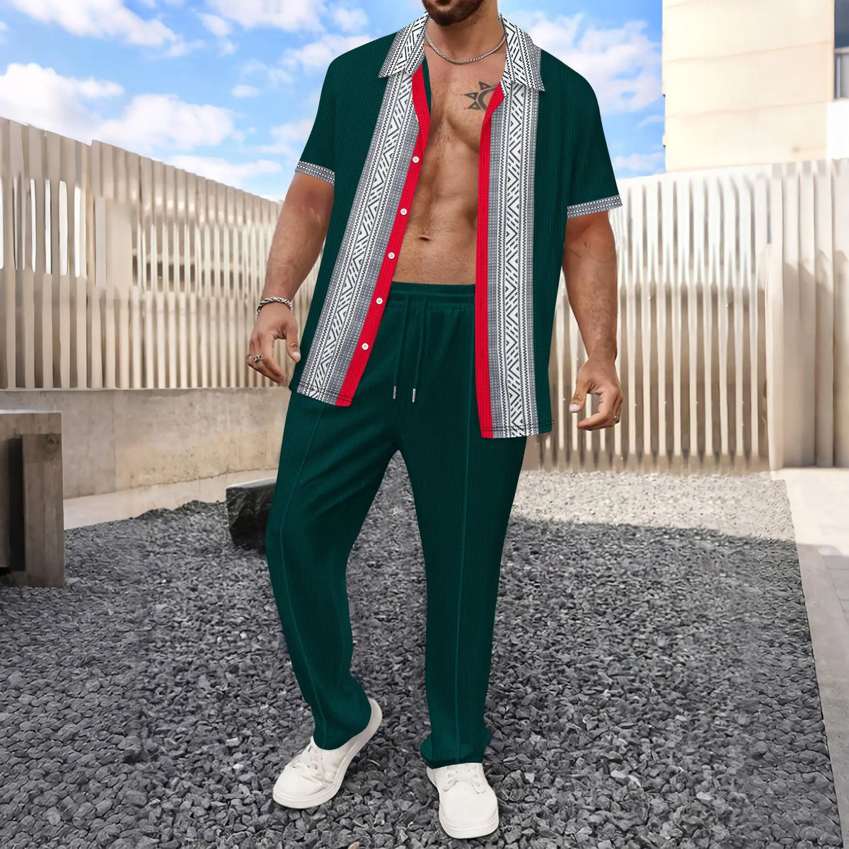 HEARUJOY  -  Summer Men Waffle Outfits Color Blocked Lapel Short Sleeve Shirts And drawstring Pants Two Piece Set Fashion Casual Suits