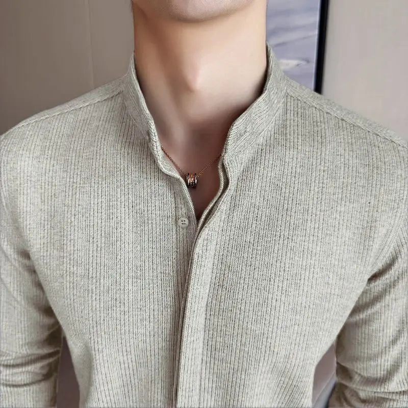 HEARUJOY  -  Thick woolen shirt For Men Autumn Winter Solid Color Slim Fit Warm Top High Quality Long Sleeve Stand Collar Shirt Streetwear