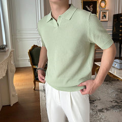 HEARUJOY  -  New Fashion Business Tops Men's Polo Shirt Light Luxury Leisure Knitted V Neck T-shirts for Man Korean Popular Short Sleeve Tees