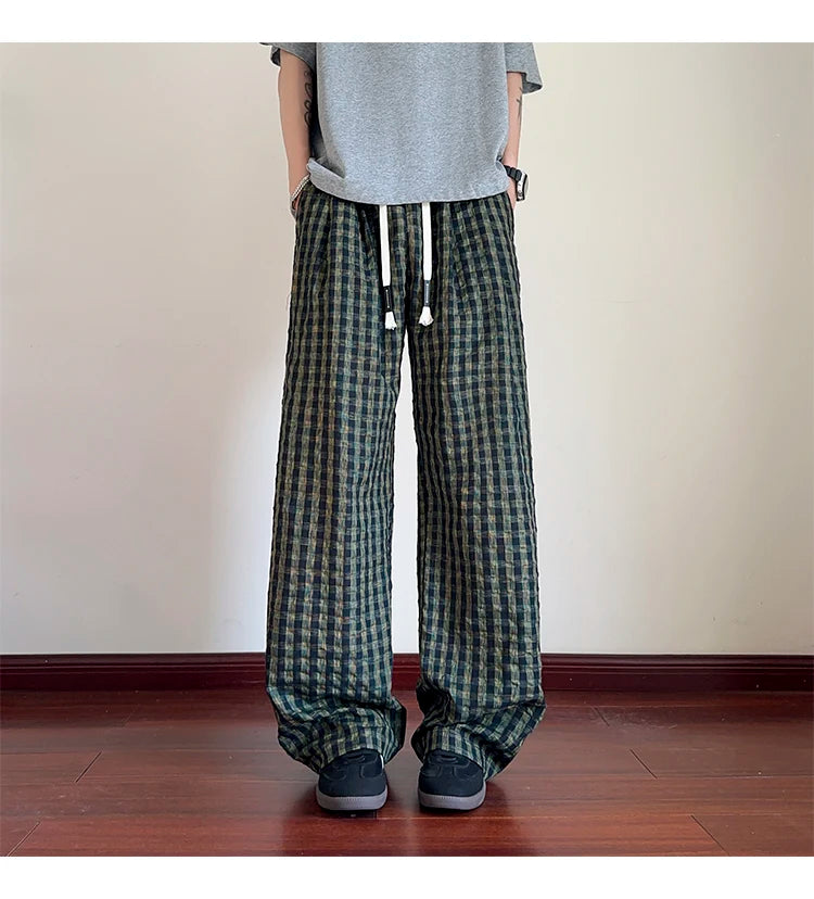 HEARUJOY  -  American Men Thin Pants for Men 2025  Summer plaid  Sweatpants Straight Loose Sports Casual Trousers