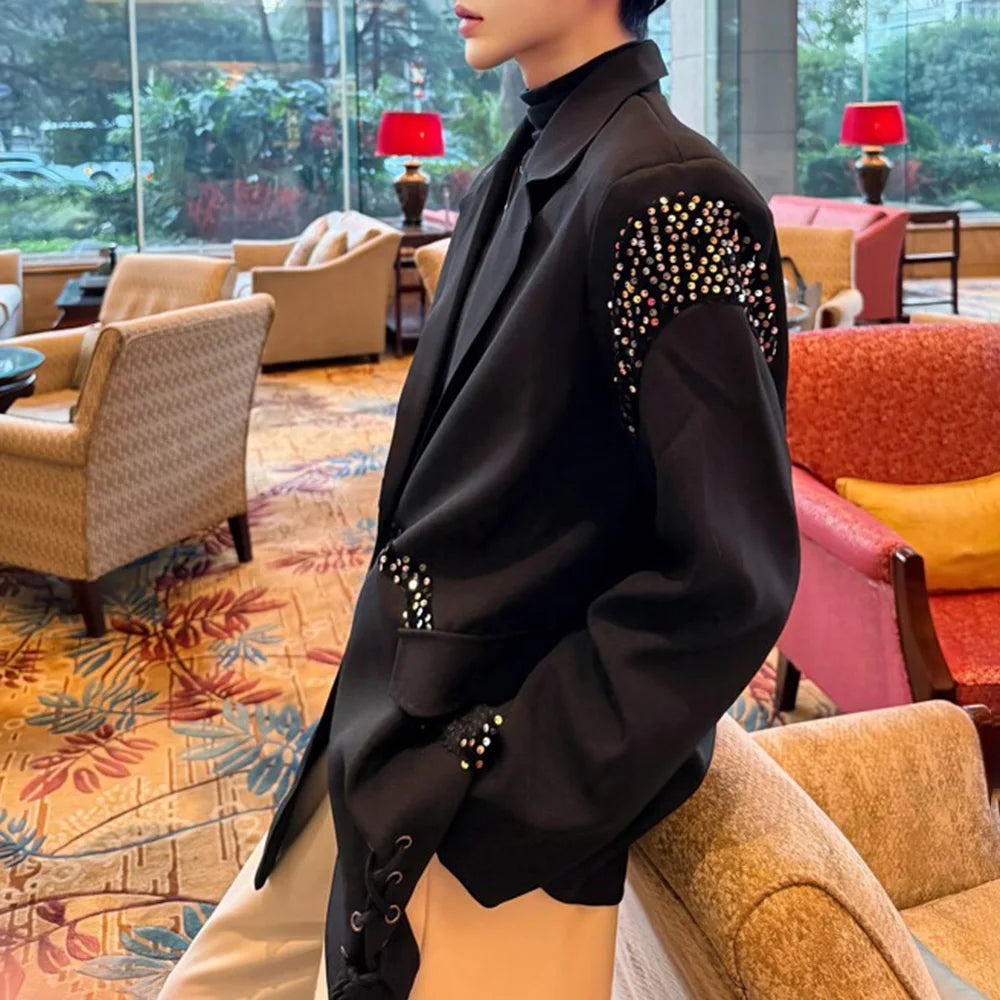 HEARUJOY  -  Mens Jacket Ballroom Sequin Flat Lapel Shirt Streetwear Fashion Nightclub Stage Performance Long Sleeve Top Men'S Clothing 2025