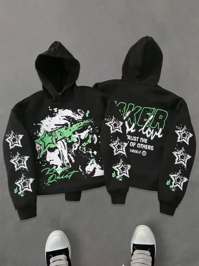 Hearujoy Hip hop street vintage letter star print hoodie men y2k Brother Harajuku fashion trend couple casual loose oversized sweatshirt