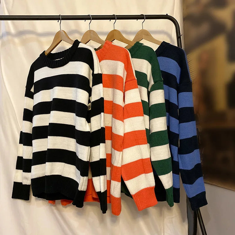 Hearujoy Stripe Knitted Sweater Men Autumn Winter Baggy Long Sleeves Tops Fashion All-Match Trend Streetwear Ins Vintage Y2K Male Clothes