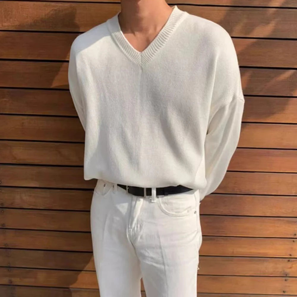 HEARUJOY  -  Mens Sweater Casual Outerwear Knitted Sweater Autumn Fashion Campus Youth All-Match Solid Color Long-Sleeved Top Men'S Clothing