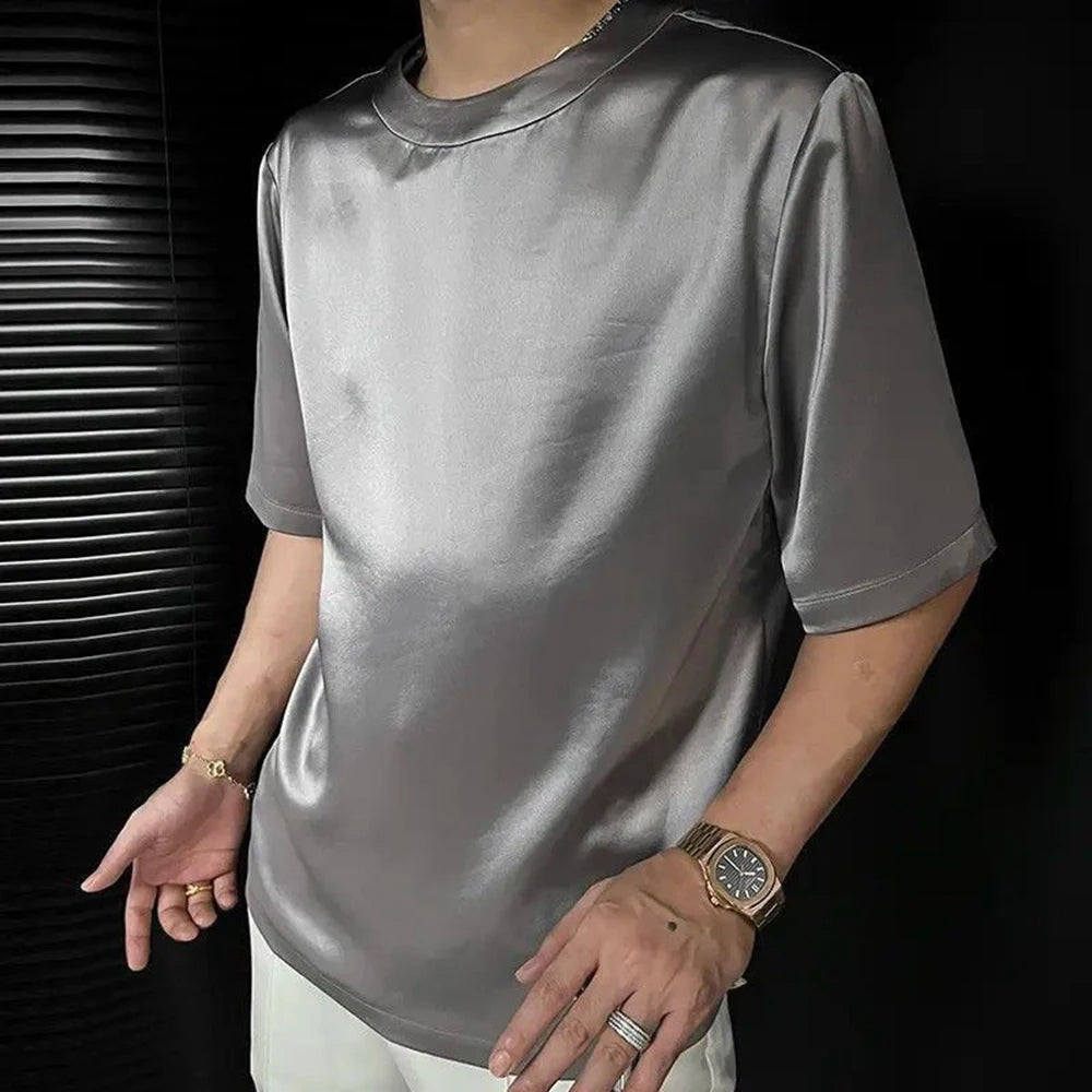 HEARUJOY  -  Summer New Men's Solid Color Shiny Short-Sleeved T-Shirt American Retro Fashion Trend Leisure Loose Breathable Niche Men's Tops