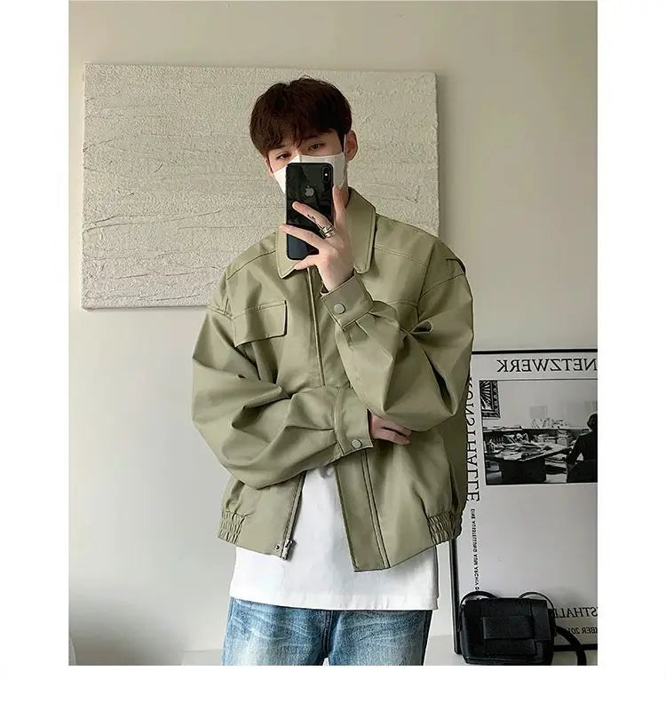 HEARUJOY  -  Men's Casual Texture PU Leather Jacket High Street Zippers Turn-down Collar Long Sleeve Retro Coat with Pocket Spring Autumn