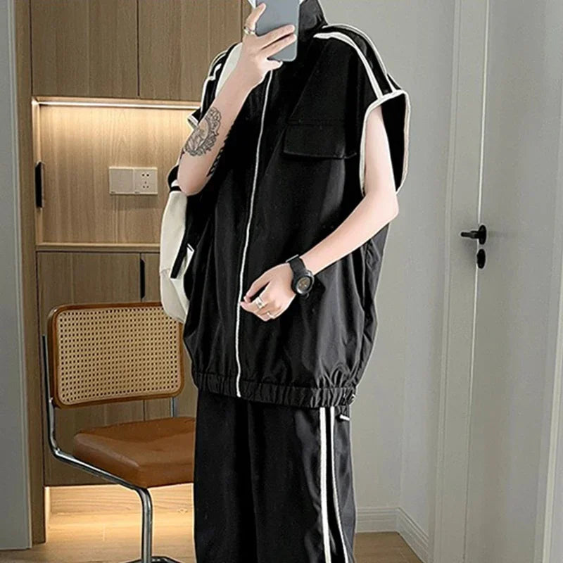 Hearujoy Summer Trendy Waistcoat Mountaineering Jacket Vest Top High Street Design Sports Single Piece/suit Striped Basketball Sweatpants