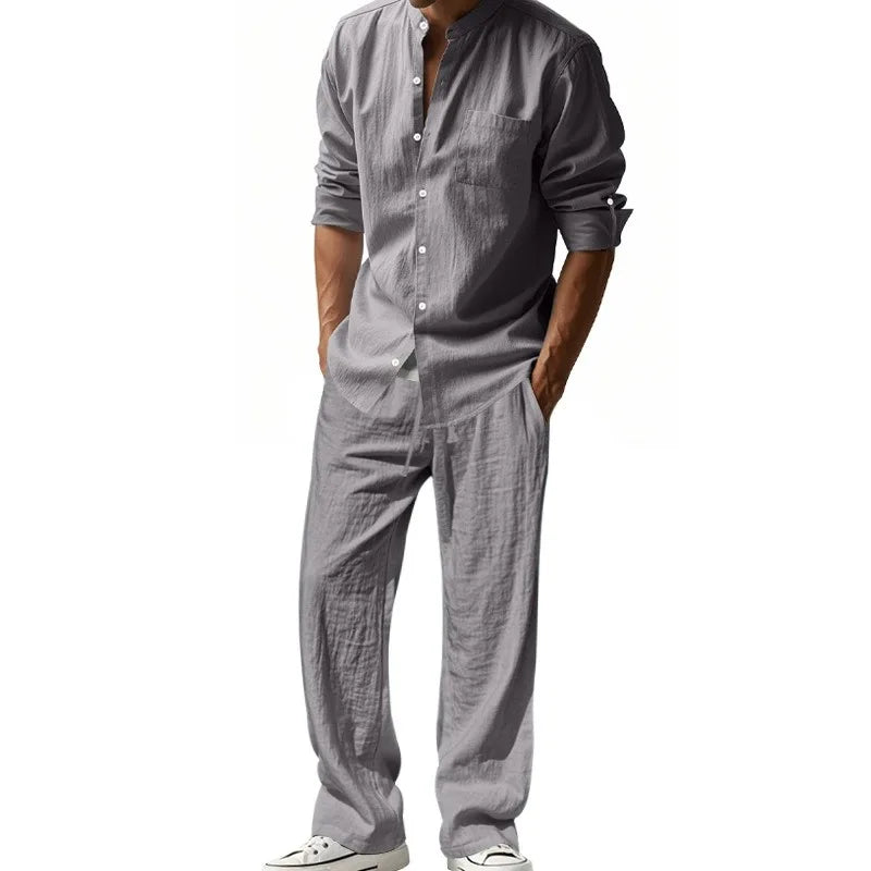 HEARUJOY  -  Men's Four-season Linen Loose and Breathable Long-sleeved Shirt, Casual Long Pants, Beach Suit