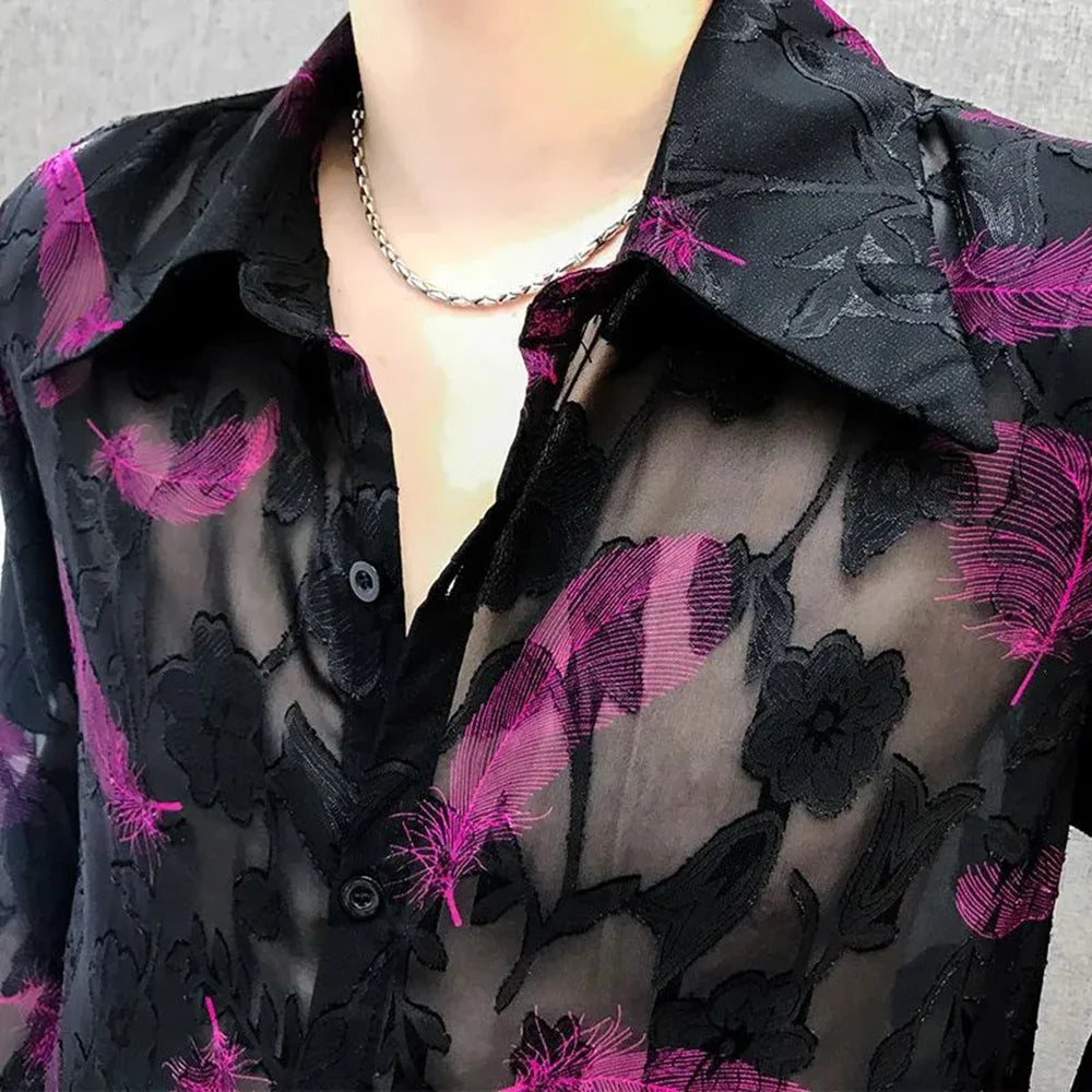 Hearujoy 2024 New Mens Genderless Sexy Nightclub Feather Embroidered Mesh Shirt Fashionable Elegant Casual Loose Unisex Long Sleeve Shirt