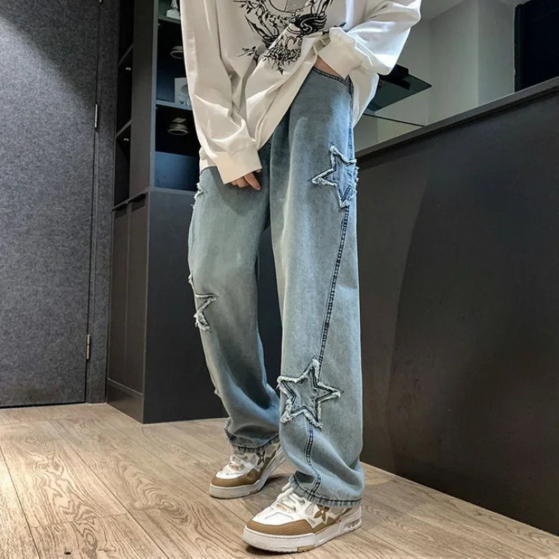 Hearujoy New Men's Star Embroidered Fashion Loose Jeans Y2K High Street Hip Hop Stretch Soft Straight Wide Leg Denim Trousers Male