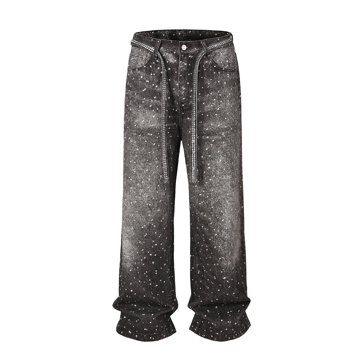Hearujoy Full Rhinestone Print Washed Blue Baggy Jeans Mens and Women Ropa Hombre Streetwear Solid Casual Denim Trousers Loose Cargos